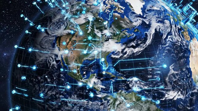 This showcases a visually striking representation of the Earth from a space perspective, adorned with dynamic digital elements that highlight global connectivity and technological advancements.