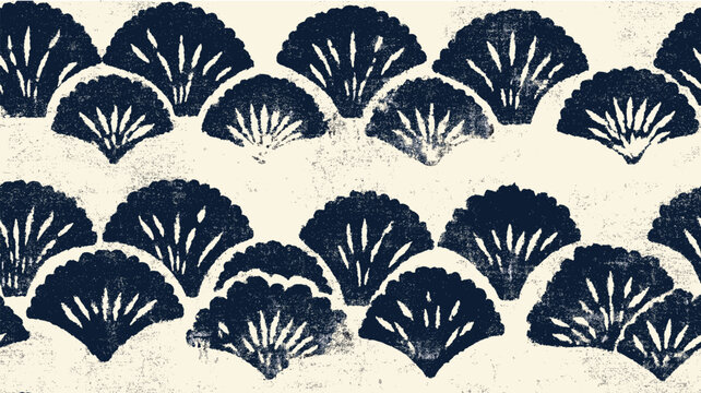 Japanese katazome style abstract block print pattern. Japanese katazome style block print pattern in navy on textured off-white background