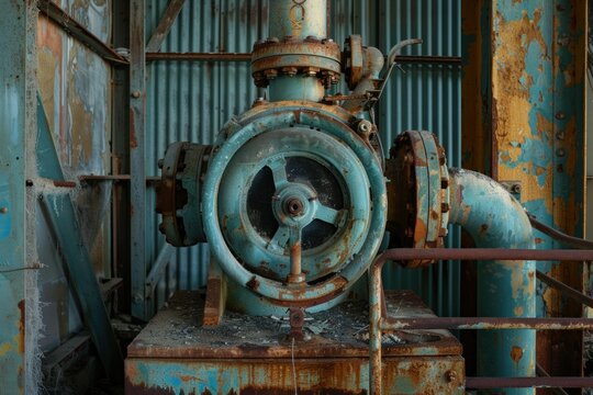 Old rusty industrial pump with peeling paint in decaying abandoned factory, showing signs of age and disuse