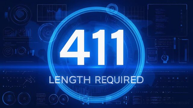 Futuristic blue technology dashboard visualizing 411 Length Required HTTP status code within glowing digital network communication interface