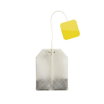 Macro close-up of a premium rectangular paper tea bag with detailed texture and blank glossy yellow tag, isolated on a transparent background, soft shadow. Commercial product advertising concept
