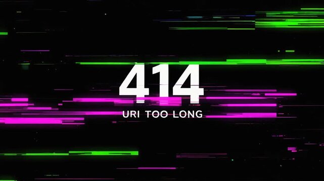 Glitch styled 414 URI Too Long HTTP status code message with distorted digital signal background