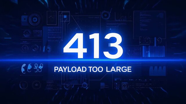 Futuristic blue technology dashboard visualizing 413 Payload Too Large HTTP status code within glowing digital network communication interface