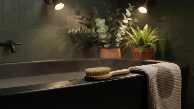 Steaming Hot Black Bathtub with Wooden Body Brush in Moody Spa Bathroom