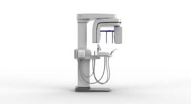 3D rendering of a contemporary dental panoramic X-ray system with integrated patient support and digital console, isolated on a white background.