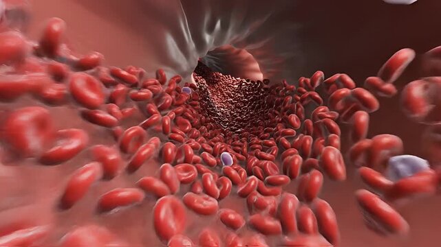 Microscopic view of blood cells flowing through a vein.