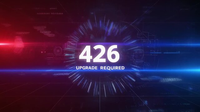 Futuristic blue red technology interface visualizing 426 Upgrade Required HTTP status code on advanced server network dashboard