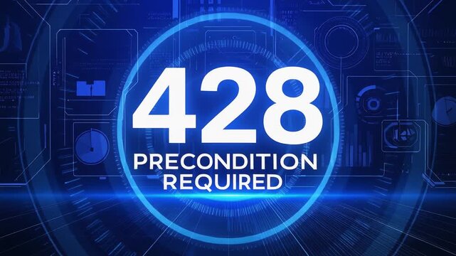 Futuristic blue technology dashboard illustrating 428 Precondition Required HTTP status code within advanced server network interface