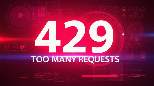 Futuristic red technology interface presenting 429 Too Many Requests HTTP status code within glowing server network dashboard