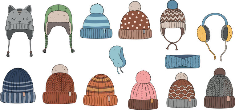 Winter Knit Hat Collection Featuring Colorful Beanies Pom-Pom Hats Trapper Hats and Earmuffs for Cold Weather Fashion and Seasonal Outdoor Graphic Designs