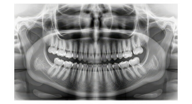 Detailed panoramic X-ray view of a human dental structure, showcasing teeth, roots, and the mandible for diagnostic purposes in a medical context.