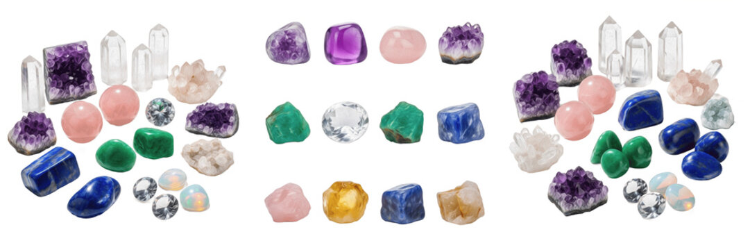 Healing Crystal and Gemstone Collection with Amethyst, Rose Quartz, Lapis Lazuli and Clear Quartz Points, Natural Raw Mineral Stones Set for Meditation, Isolated on White Background