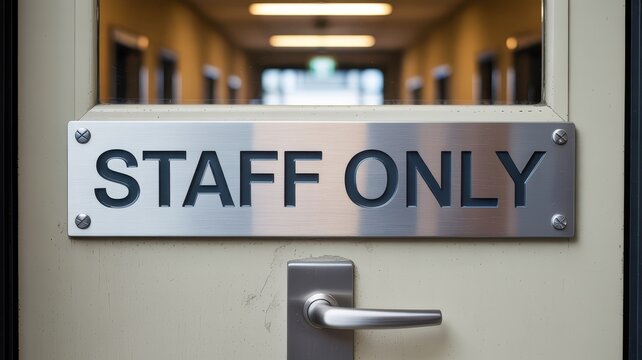 Close-up of a brushed metal plaque on a door reading "STAFF ONLY" with a silver door handle below it, suggesting restricted access.