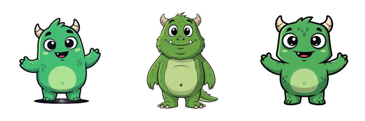 Fototapeta premium Cute Green Alien Monster Character PNG Set Isolated on White Background for Kids Illustration, Game Design, Mascot Branding, Realistic 3D Rendering Graphic Design Assets.