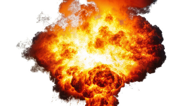 Massive fiery explosion with dark smoke, isolated on transparent background