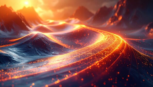 Quantum annealing process depicted as a sculpted energy landscape with flowing curves and glowing particles representing advanced computational optimization and physics simulation.