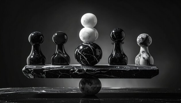 Polished marble game pieces balanced in a precise monochrome arrangement on a dark surface, symbolizing tactical strategy and the delicate equilibrium of competing factions in a quiet game.