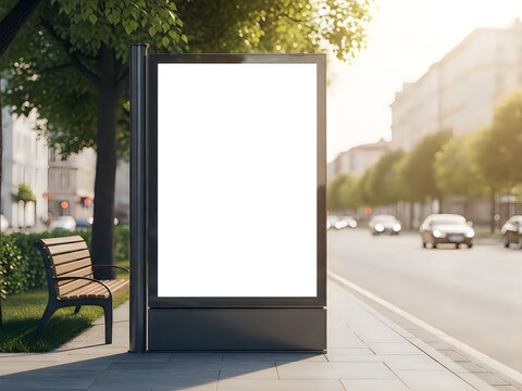 Blank billboard in an urban setting with a bench and busy street