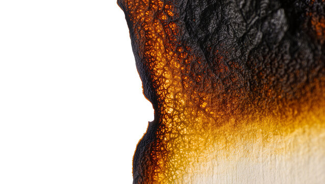 Charred paper edge with cracked texture, isolated on transparent background