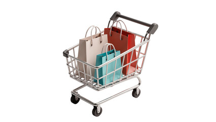 Metal shopping cart filled with colorful paper bags, isolated on transparent background © Eoin
