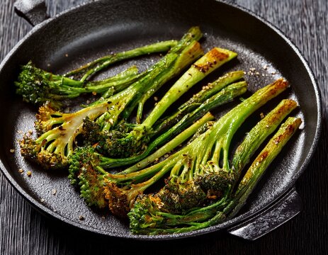 charred broccolini spears in a black pan