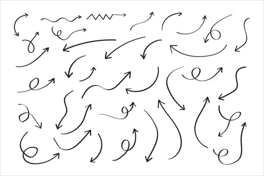Hand drawn doodle arrows set in black ink on white background for business flow