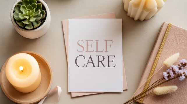 Top view flat lay of self-care card, succulent, lit candle, and notebook on beige background