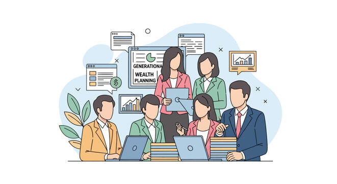 Business Team Collaborating on Generational Wealth Planning and Financial Investment Strategies - Vector Illustration