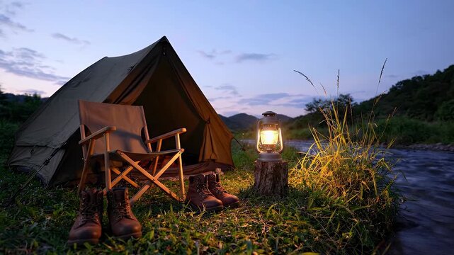 Riverside tent and lantern at dusk for cozy camping video