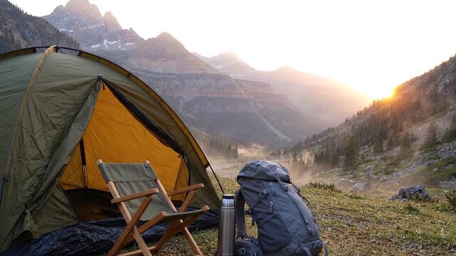 Sunrise mountain tent and chair for peaceful camping getaway video