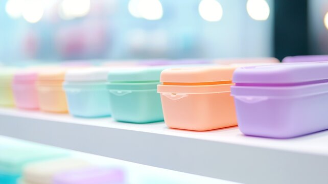 Pastel cosmetic containers on minimal background, skincare product packaging mockup, beauty branding concept, clean aesthetic composition, copy space