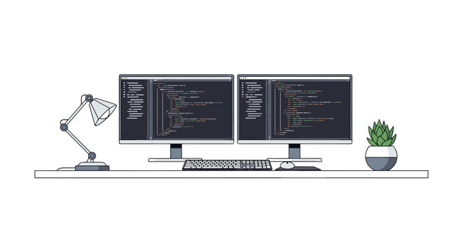 A minimalist vector illustration of a modern workspace with computers and office supplies