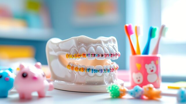Colorful orthodontic braces on teeth model, pediatric dentistry concept, children dental care, orthodontic treatment for kids, bright medical education