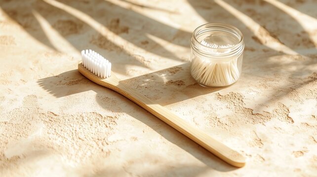 Toothbrush and dental floss on clean surface, oral hygiene routine concept, daily dental care, prevention and healthy teeth, minimal composition, copy space