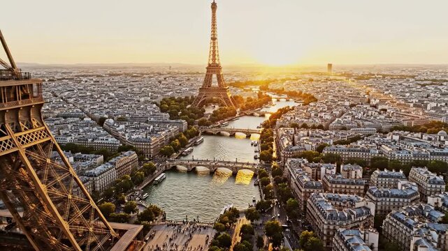 This captures the breathtaking beauty of Paris at sunset, with the Eiffel Tower standing tall amidst the city's sprawling urban landscape. The aerial footage showcases the tower's iconic iron lattice