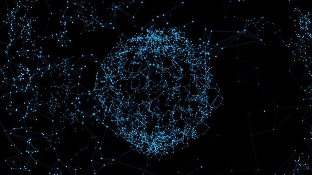 Abstract sphere connections with blue connecting lines and dots. Digital data network background connectivity concept. 4k seamless loop with copy space	