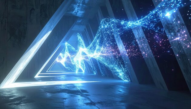 Glowing light particles traveling through a quantum tunnel, illustrating the physics of subatomic motion in a futuristic and abstract conceptual environment.