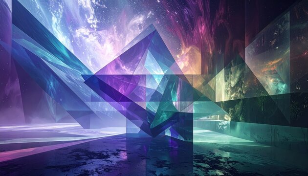 Abstract visualization of quantum superposition featuring overlapping translucent geometric shapes in a vibrant and cosmic environment that captures the mystery of physics.