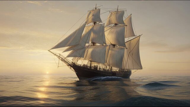 Sailboat sailing on the ocean during sunset, with calm waves ship