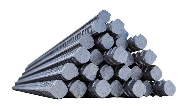 Stack of gray rebar steel rods construction material, isolated on transparent background