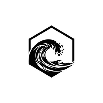 Minimalist black and white ocean wave logo in hexagonal frame for branding