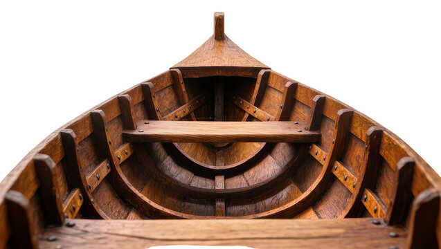 Antique wooden rowboat interior with visible ribs and seats, isolated on transparent background