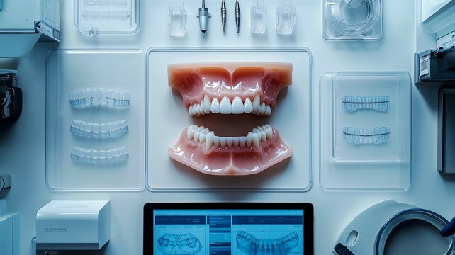 An aerial top-down view of an ortho-planner table in a digital dental laboratory. A grey 3D printed model of a human jaw with teeth sits in the center, surrounded by three transparent aligners showing
