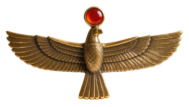 Ornate golden Egyptian falcon deity with red sun disk, isolated on transparent background