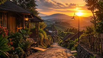 Obraz premium Scenic pathway leading to cozy wooden homes nestled in a lush hillside village at golden hour, tropical paradise