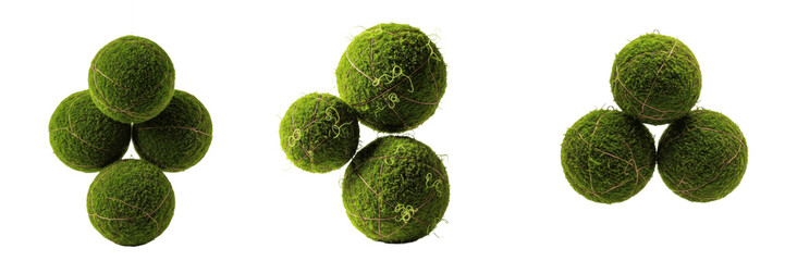 Obraz premium Set of Three Decorative Green Moss Balls Isolated on White Background, PNG