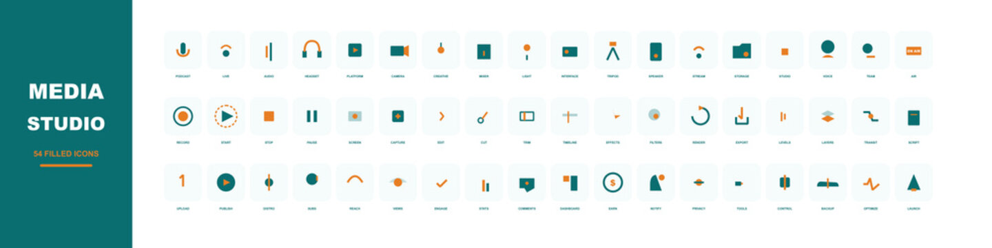 Media Studio icon collection, 54 professional vector icons for digital content creation, teal and orange flat symbols for multimedia production and editing
