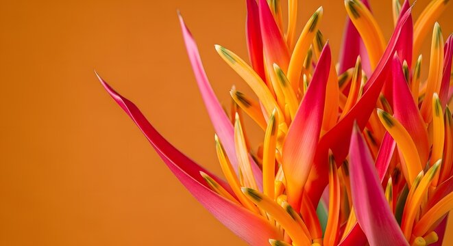 Closeup of vibrant heliconia flower with pink and yellow petals against a solid orange background