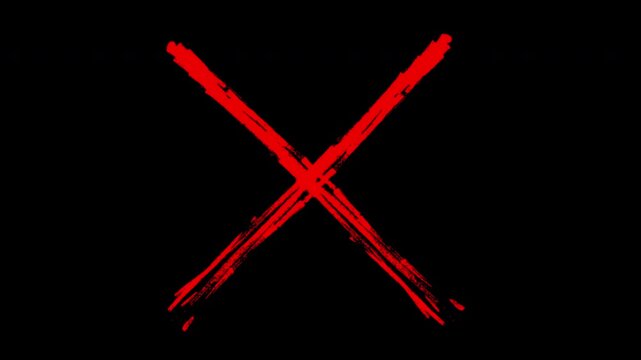 Hand-drawn red x mark animation on black background, for error and, rejection concepts