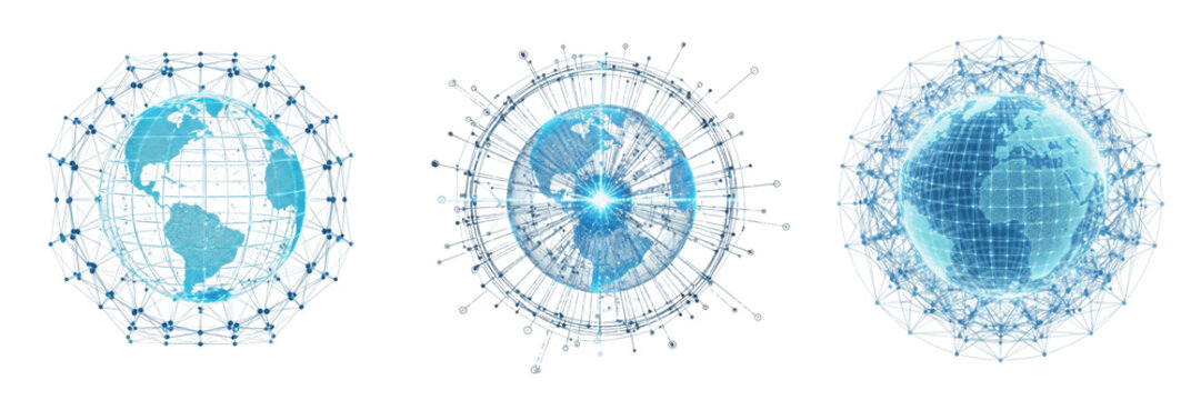 Set of Blue Digital Globe Networking Connection Icon Isolated on White Background, PNG